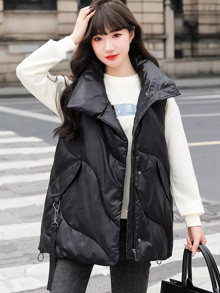 

Turn Down Collar Women's Autumn Winter Vest Solid Zipper Pockets Ladies Loose Sleeveless Jacket Thick Vests Waistcoat Female