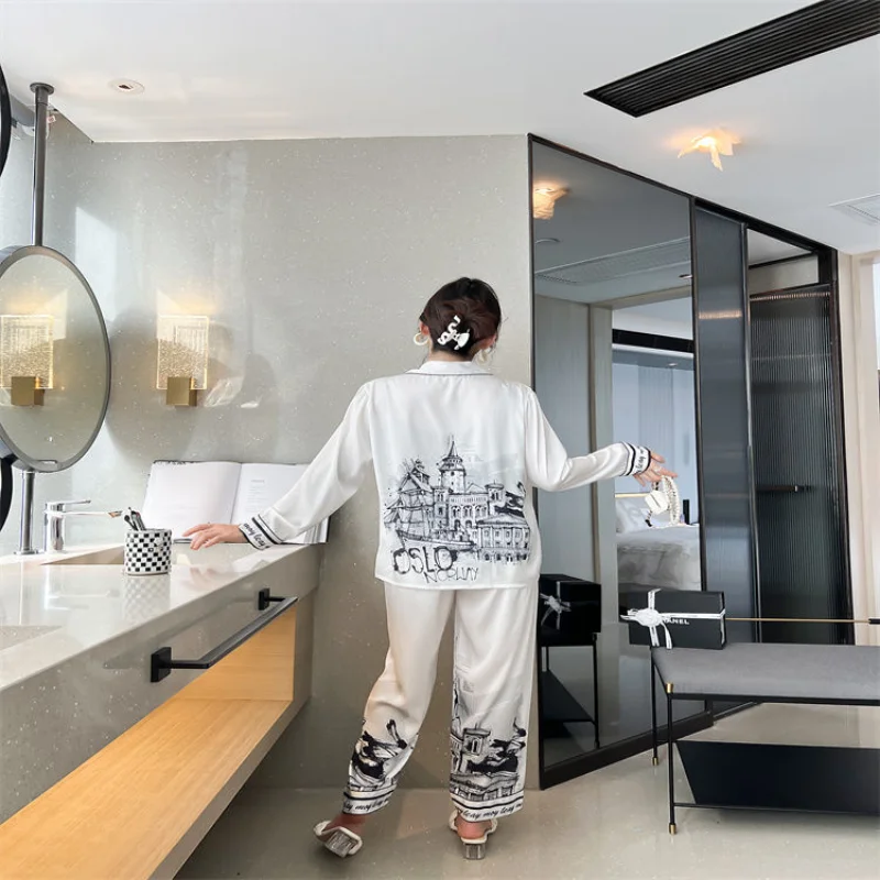 New Luxurious Women's Pajama Set Thin Pajamas Long Sleeved Cardigan Suit Sleepcoat Nightgown Spring Autumn Coat