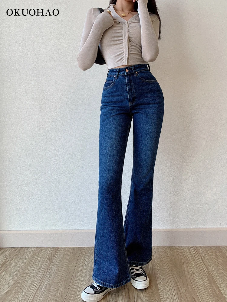 Okuohao Skinny Bell Bottom Jeans High Waist Stretch Straight Slim Fit Flared Denim Pants Fashion Casual Wash Black Y2k Trousers