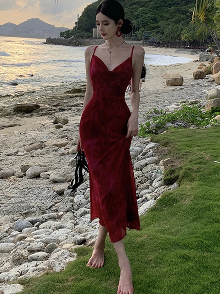 

Женское летнее Новое Элегантное красное платье без рукавов на бретельках, женское модное вечерние цельнокроеное платье с открытой спиной