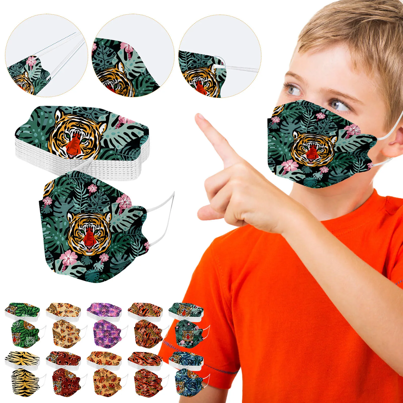 

50pc Children Face Masks Animal Printed Prevention Fish Mask Kids 3d Three-Dimensional 4-Layer Earloop Bandage Protective Masks