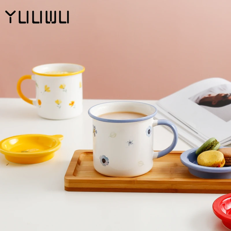 

Creative Ceramic Mug with Lid Household Milk Cup Breakfast Cup Couple Cup Cute Flower Coffee Cup