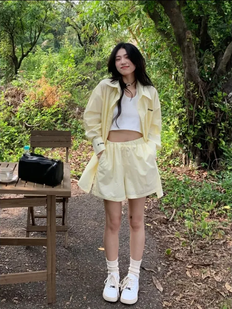 

Long Sleeve Single-breasted Top + Broad-legged Shorts Set Fashion Ladies Sexy Solid Suits 2023 Summer 2 Piece Outfits For Women