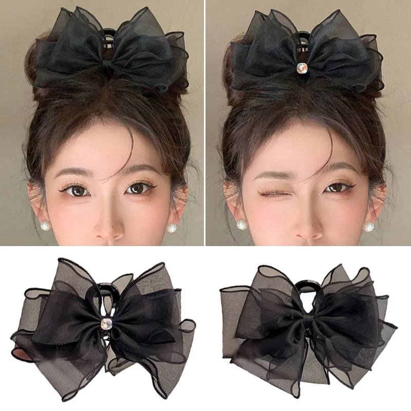 

Korea Sweet Mesh Tulle Big Bow Hair Claw Clips For Women Black Bowknot Hair Clamp Hairpin Headdress Accessories Shark Clip