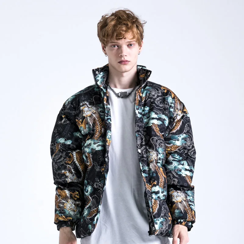 Fashion Dragon Cloud Printed Jackets Mens Hip Hop Parka Bomber Coats Harajuku Cotton Padded Winter Warm Zipper Coat Outerwear