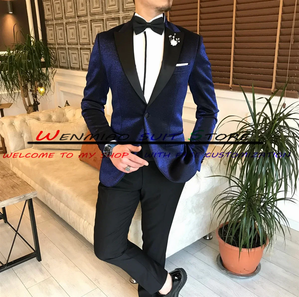 Men's Velvet Formal Wedding Tuxedo 2 Piece Suit One Button Jacket Pant Suit Male Blazer Navy Blue conjuntos de chaqueta