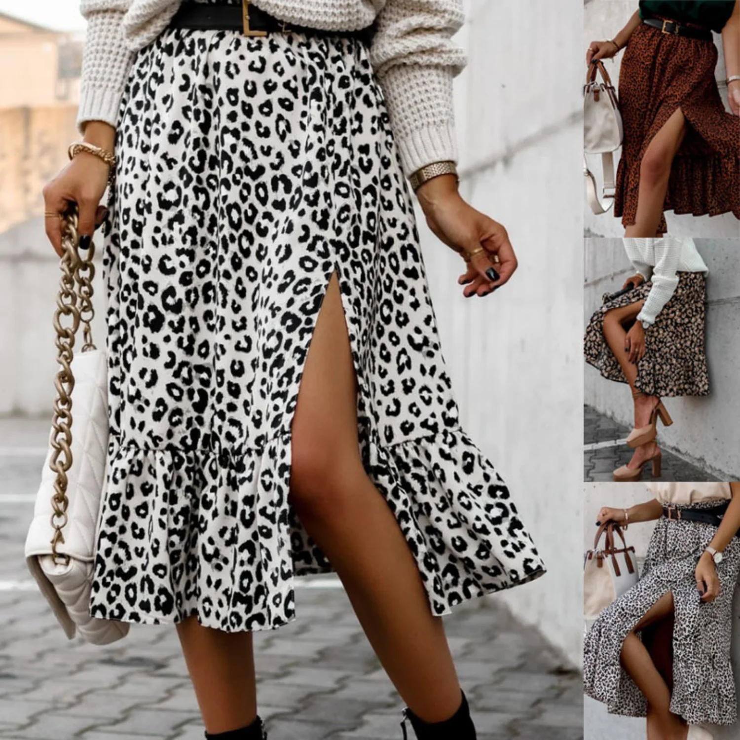 

2023 New Women's High Waist Fashion Split Leopard Print Plaid Skirt