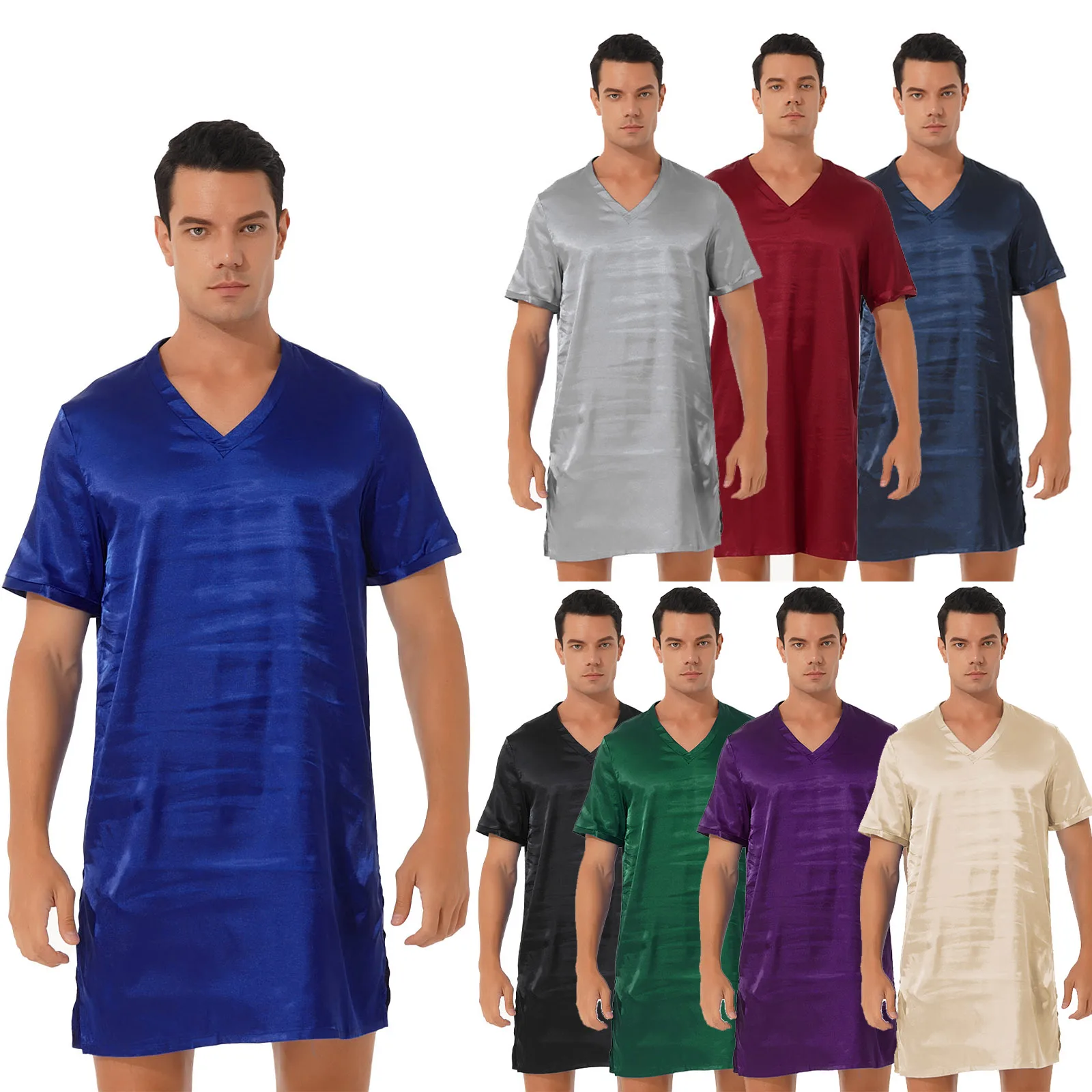 

2023 Men Women Satin Nightgown Sleep Robes Summer Short Sleeve V Neck Sides Split Sleepwear Nightclothes Homewear Nightwear New