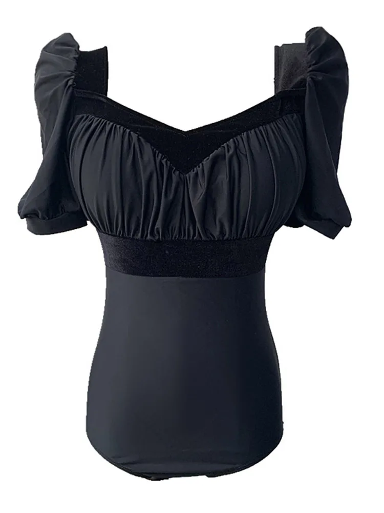 Слитный купальник с коротким рукавом Женский однотонный плиссированный