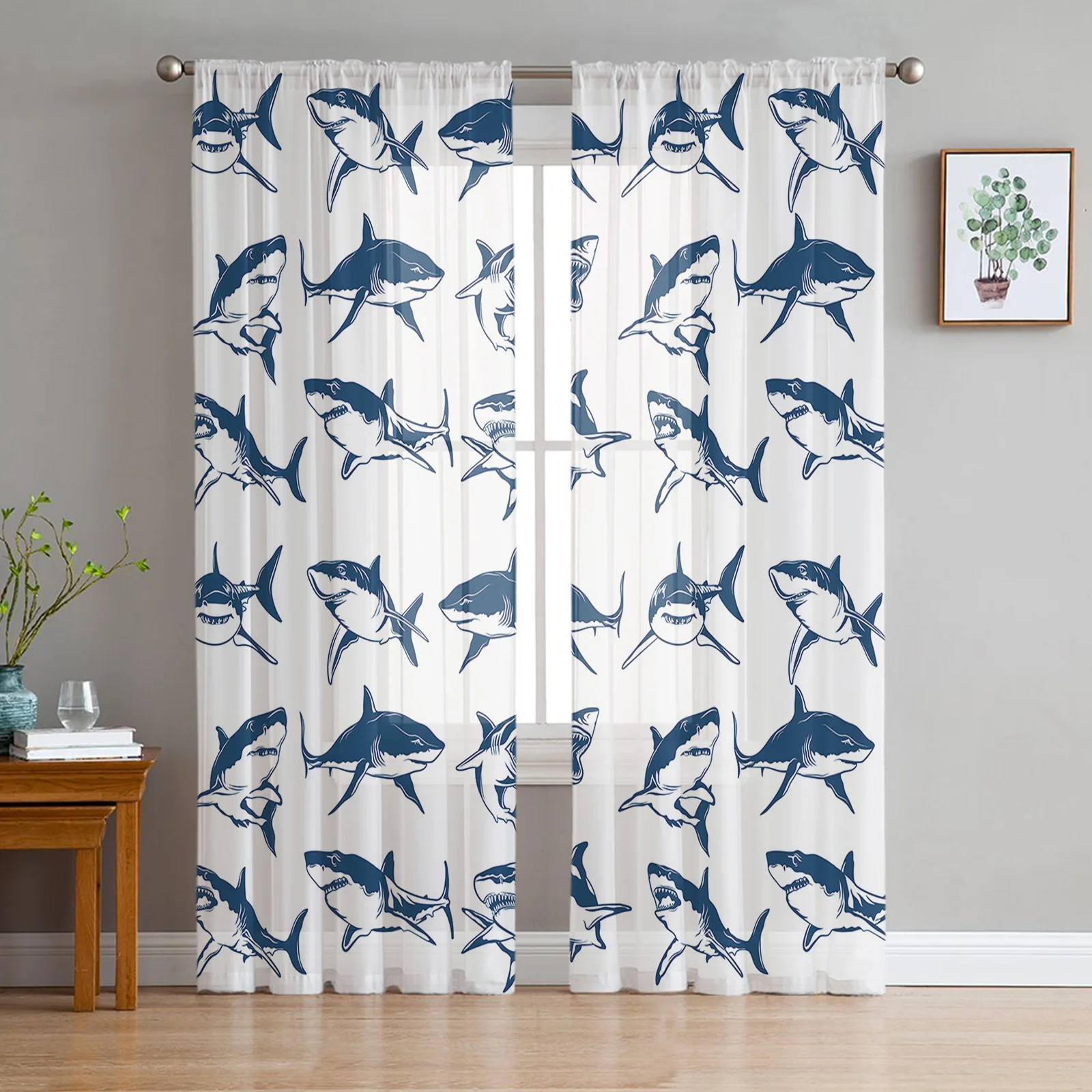 

Shark Simple Marine Animal Sheer Curtains Living Room Curtains Bedroom Decor Kitchen Tulle Curtains