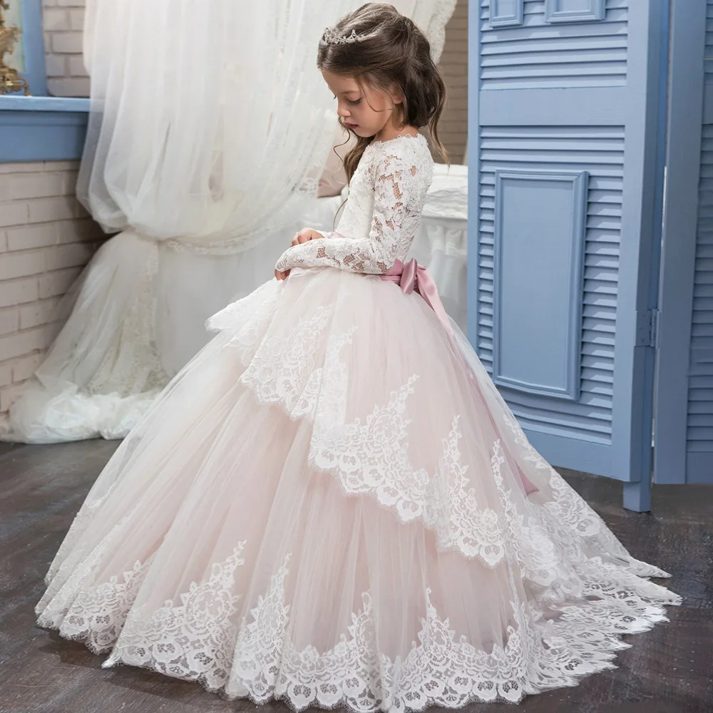 Lace long sleeved dance girl fluffy dress wedding dress violin piano dance performance Princess Dress enlarge