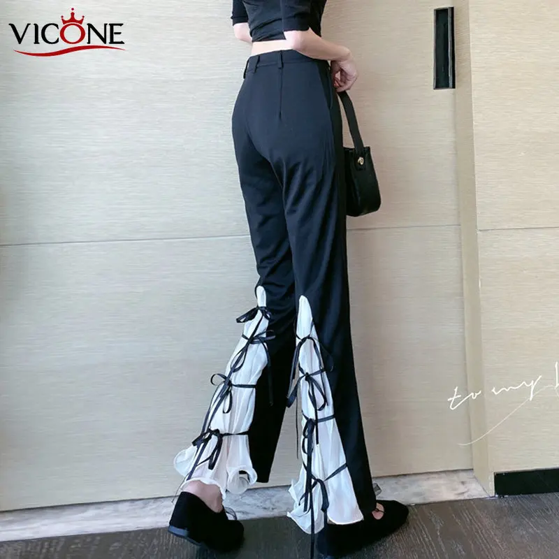 VICONE Korean Flare Pants Women's 2020 New Bell-bottom Pants Autumn Chiffon Stitching Strap High Waist Casual Trousers Pants
