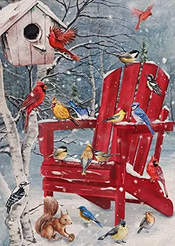 

Home Decorative Winter Red Chair Birds Garden Yard Flag Cardinal Blue Bird Chickadee Squirrel Birdhouse Outside Decoration