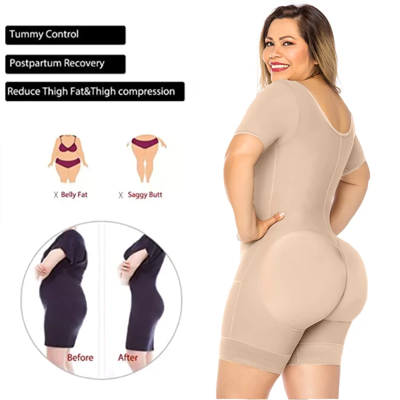 Fajas Colombianas Women Tummy Control Compression Slimming Body Shaper Lace Waist Trainer Mid-sleeve Post Surgery Shapewear