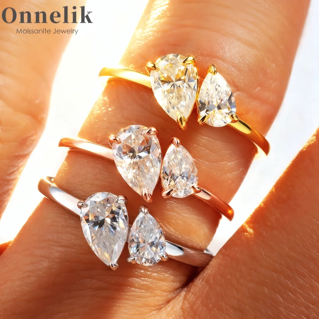 Фото Кольцо Onnelik с муассанитом в форме капли 1 карат, из серебра S925 с позолотой 18K, изысканное ювелирное изделие, подарок для женщин на помолвку или вечеринку. №1