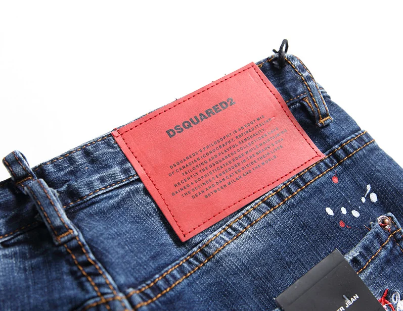 occident Dsquared2 blue hole ruffian handsome self-cultivation elastic Khmer red sticker cloth fashion paint D2