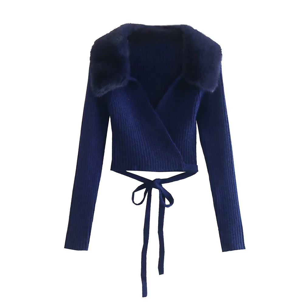 

PB&ZA Faux Fur collar Slim Cardigans Long Sleeve Top Adjustable Waist Sexy Sweater Streetwear Ocean Blue Knitted Shirt 6873101