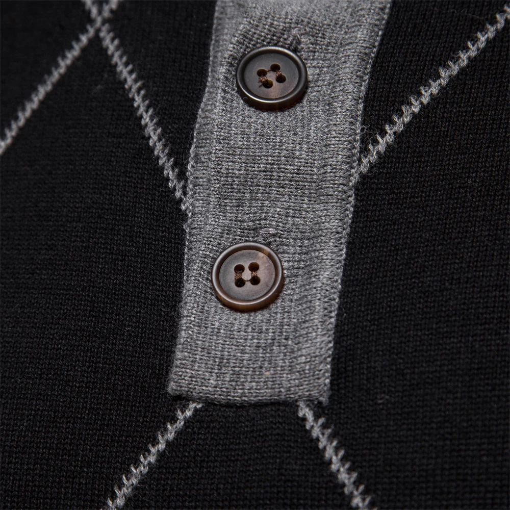 2023 Argyle Men Sweater Henley Collar Casual Patchwork High Quality Pullover Male New Winter Fashion Knitted Sweater for Men