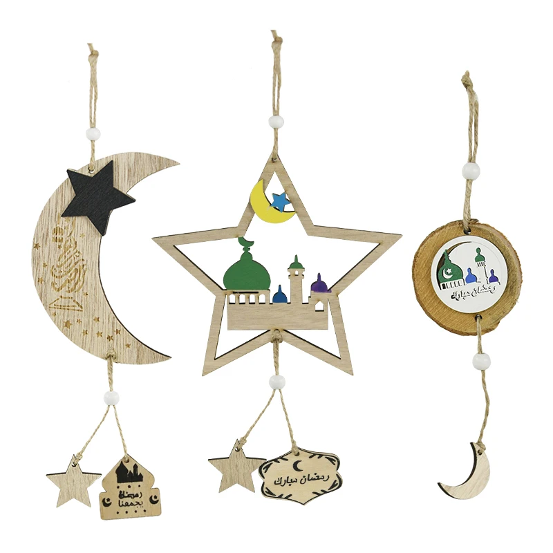 

1piece EID Mubarak Wooden Pendant Star Moon Castle Pendant Home Decoration Islamic Holiday Party Gifts Ramadan Kareem Ornament
