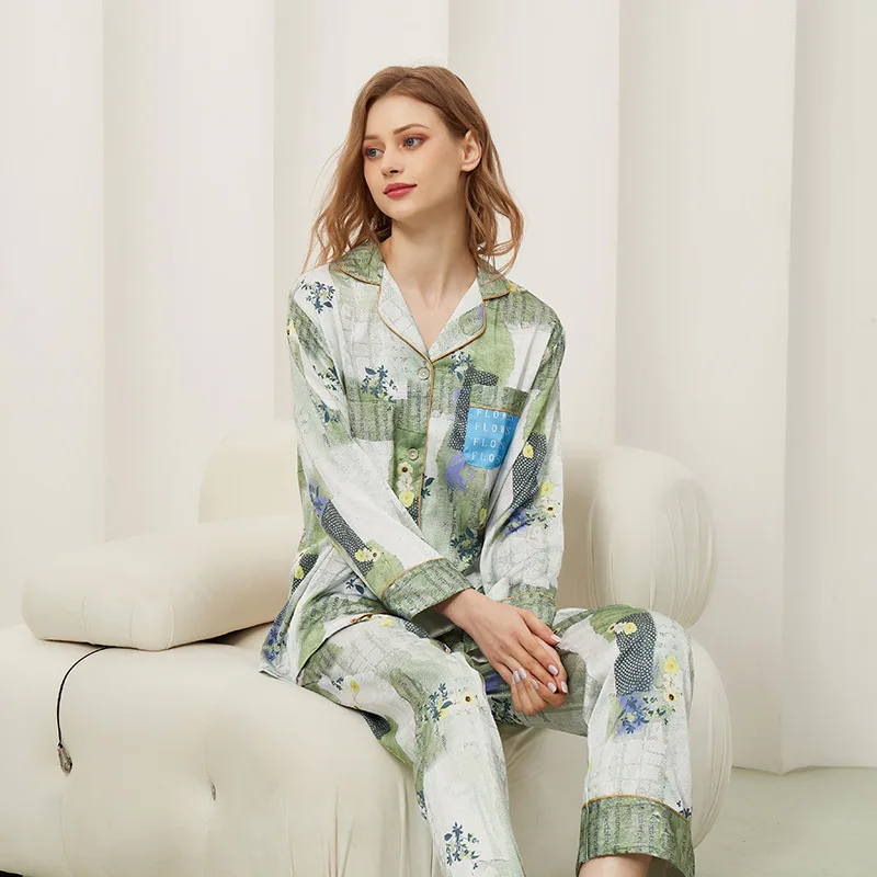 

Autumn Long Sleeve Cardigan Tops with Pants Sleepwear Suit Women's Silk Pajamas Print Comfortable Loungewear Women Clothes