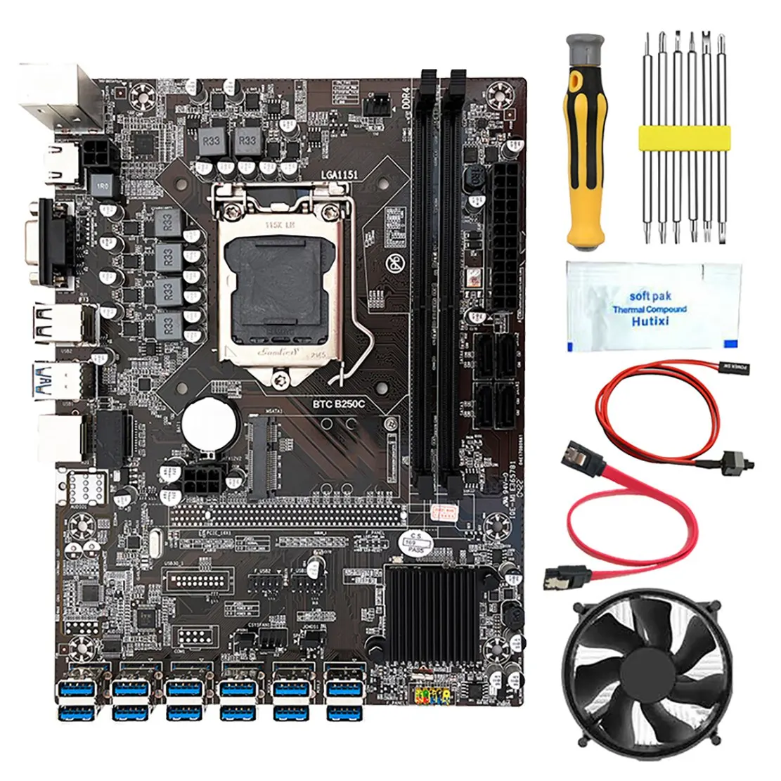 

B250C BTC Mining Motherboard with Fan+Thermal Grease+Switch Cable+Screwdriver 12 USB3.0 Slots LGA1151 DDR4 SATA3.0+MSATA