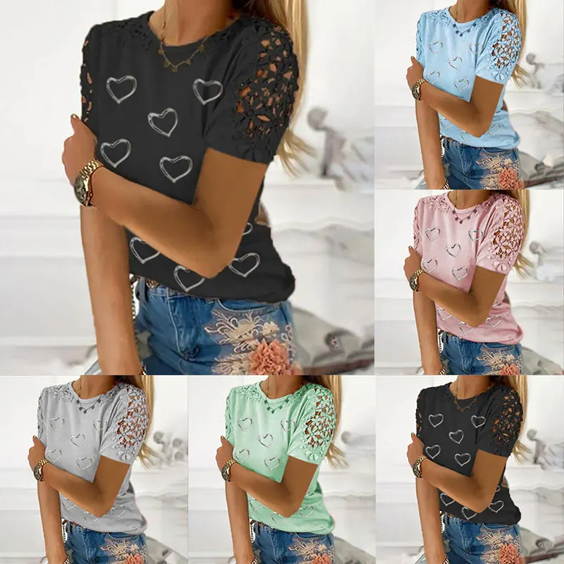 

Women's Fashion Loose Casual T-Shirts Short Sleeve Heart Print Round Neck Spring And Autumn Lace Hollow Out Tops