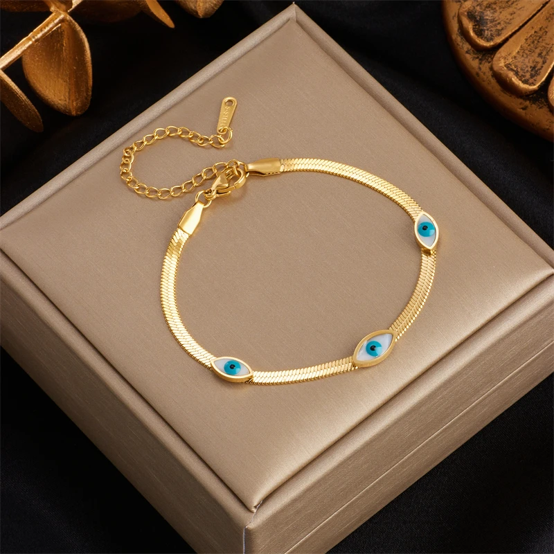 DIEYURO 316L Stainless Steel Blue Eye Charm Bracelet for Women Rustproof Gold Color Girls Wrist Jewelry Party Wedding Gifts