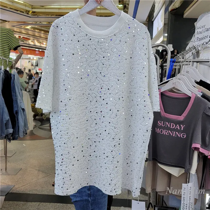

2023 Summer New Round Neck Slimming Sense of Design All-Match Sequins Leisure Short Sleeve T-shirt for Women Loose Long Top