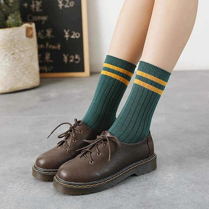 2023 Spring Socks Women Woman Korean Version of The Two Bars Japanese Striped Cotton Tube Pile Sock Ins Tide Socks College Style