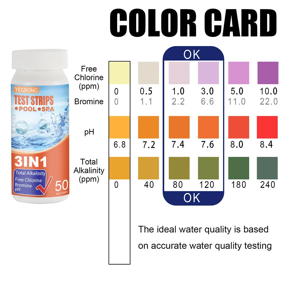 

3 In 1 Test Strips 50pcs Bottle Chlorine Dip Hot Tub PH Tester Paper Swimming Pool Water