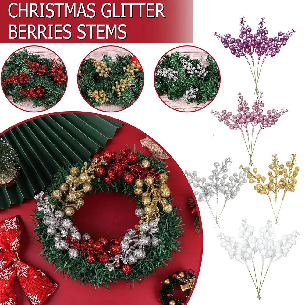 

10Pcs Berry Christmas Artificial Picks Stems Tree Berries Pine Branches Xmas Fake DIY Glitter Pick Flowers Color Wreath Sil B8Y5