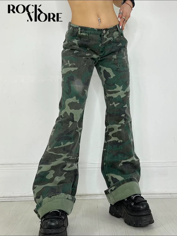 

Rockmore Army Green Camouflage Print Jeans Streetwear Low Waist Cargo Pants Vintage Women Flare Denim Trousers Y2K Grunge Outfit