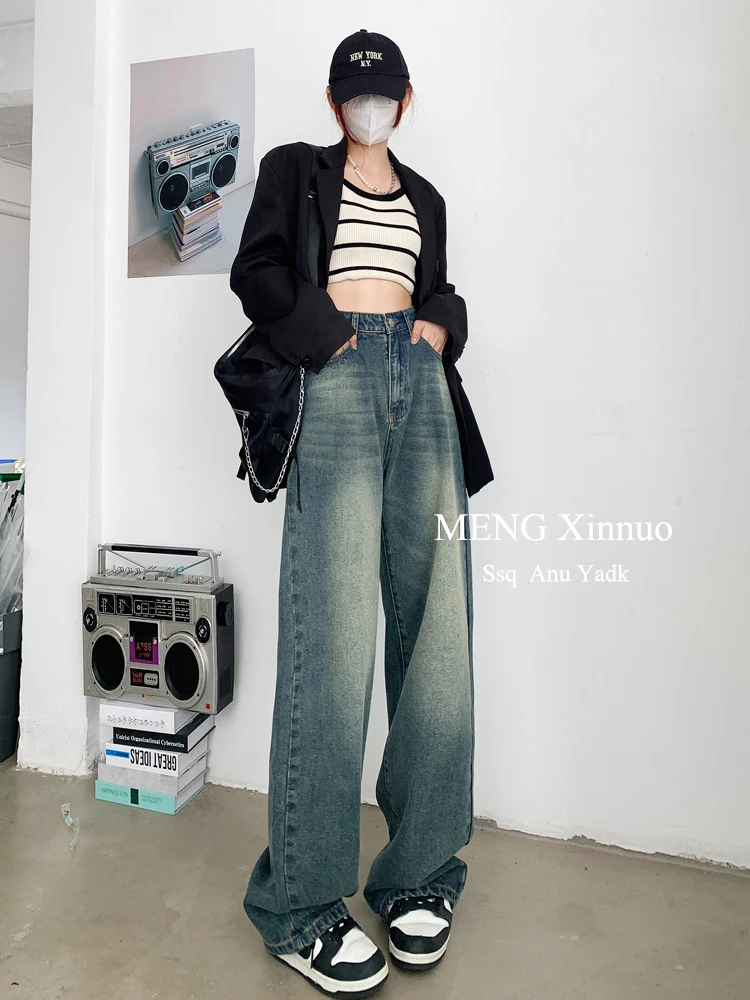 

Women Baggy Straight Wash Jeans Harajuku Y2K High Waist Denim Wide Leg Pants Long Trousers Streetwear Fashion Loose Classical