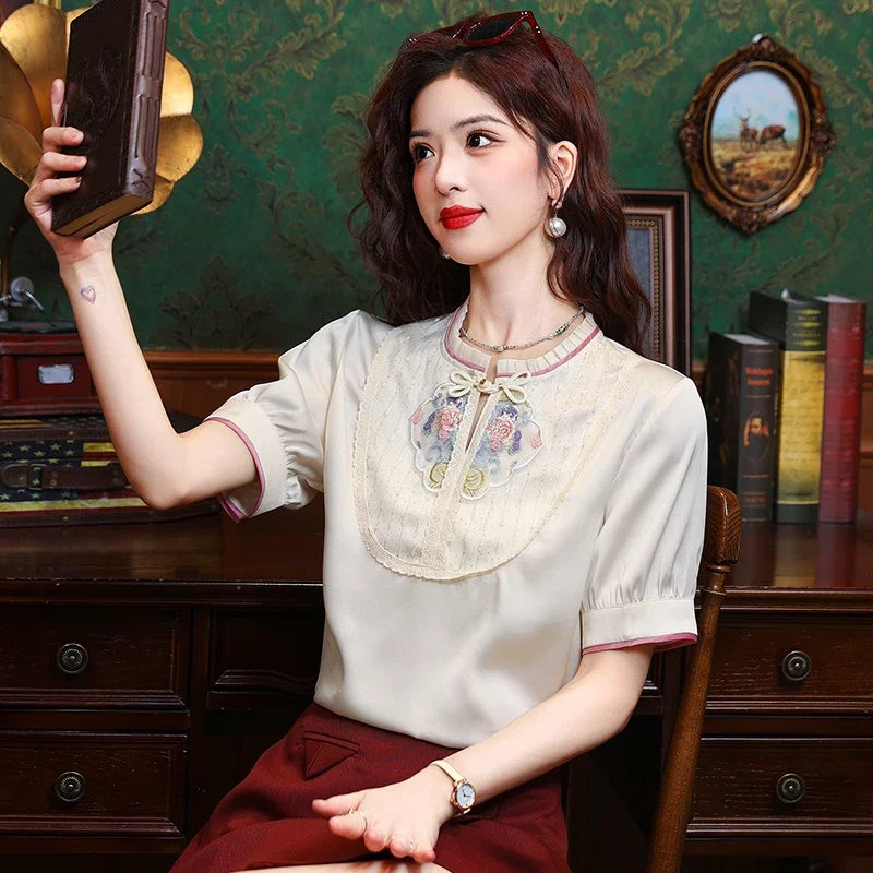 Женские блузки с вышивкой в китайском стиле летняя свободная одежда коротким