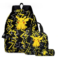 3pcsset anime pikachu backpack canvas kids shoulder bag pocket monster students backpack girls boys childrens backpack gifts