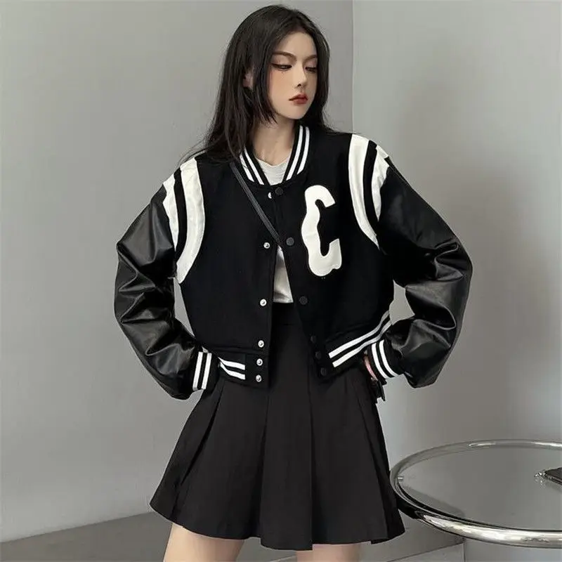 HOUZHOU Black Baseball Jacket Women Autumn College Leather Patchwork Gothic Long Sleeve Loose Cropped Jacket Korean Streetwear