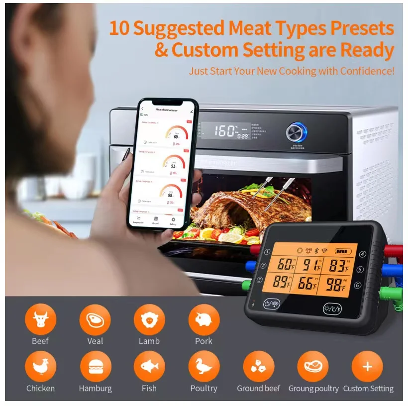 Цифровой термометр для барбекю Tuya Wi-Fi и Bluetooth перезаряжаемый беспроводной