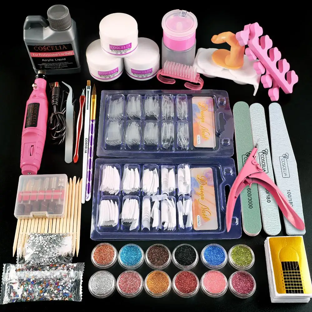 

COSCELIA ES Warehouse Acrylic Powder Set Nail Tips All For Manicure Tools Brush Nail Kit Professional Set For False Nails