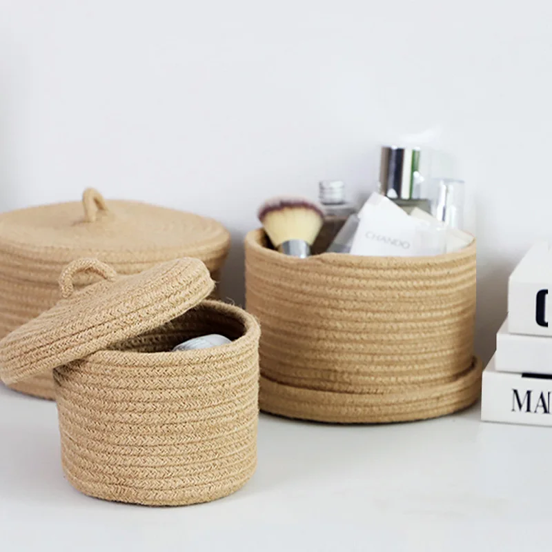 

Woven Jute Storage Basket Round Home Bedroom Decorative With Lid Sundries Jewelry Cosmetic Snacks Organizer Box Handmade