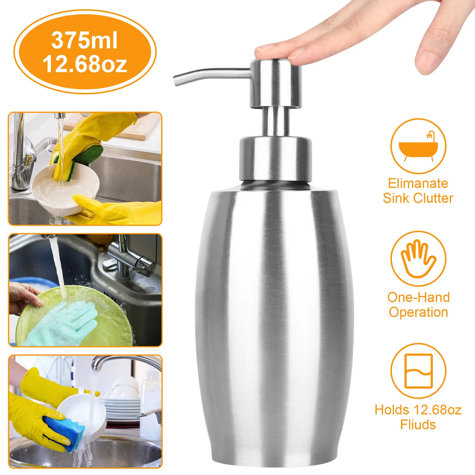 

375ML Sink Soap Dispenser Kitchen Stainless Steel Hand Liquid Pump Lotion Bottle