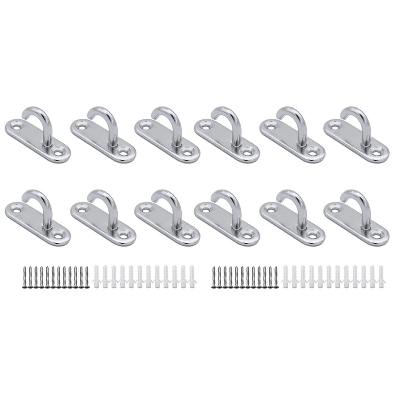 

12 Pack Stainless Steel Ceiling Hooks M5 Oval Open Hooks Pad Eye Plate Anchor Screw Wall Mount Hook For Plant Basket