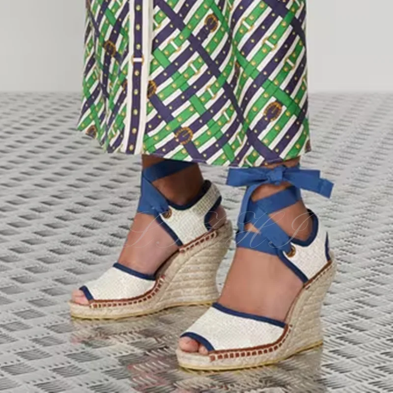 Blue Strappy Espadarille Wedge Sandals Women's Pink Embroidery Apricot Casual Heels Peep Toe Bow Hollow Winding Slingback Shoes