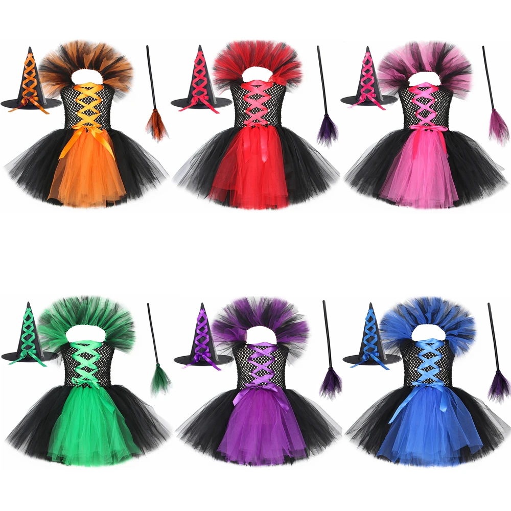 

Green Witch Halloween Costumes for Girls Kids Carnival Party Fancy Dress Tutu Outfit Children Cosplay Dresses with Broom Hat 12Y