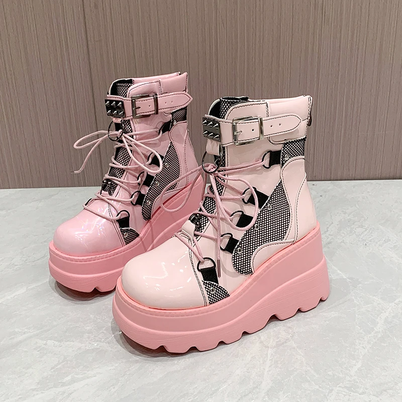 Platform Boots for Women Wedges Knee High Black Lace Up Fashion Goth Gothic Boots Punk Shoes Girls Winter 2023