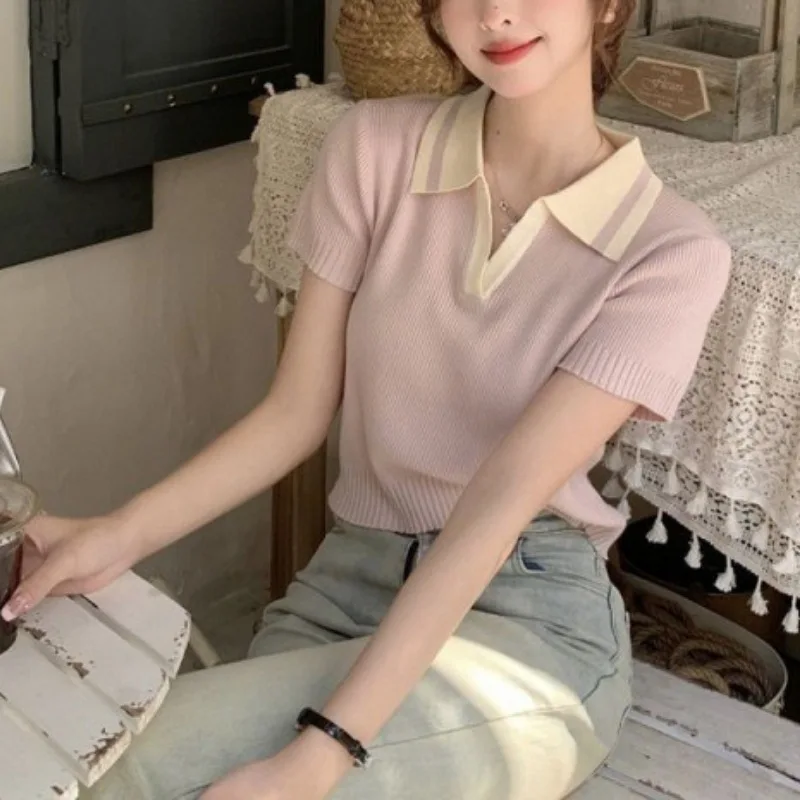 Женская летняя вязаная футболка из вискозы футболки с отложным воротником и