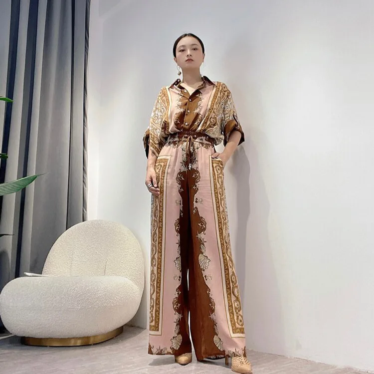 

2022 Summer New Arrival Top Quality Women Sets Thick Silk Flowers Shells Print Pink Brown Gold Loose Shirts and Pants Suit