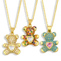 trendy colorful pave zircon heart cz pattern cool bear pendant necklace for women gold plated jewelry gift animal hip hop style
