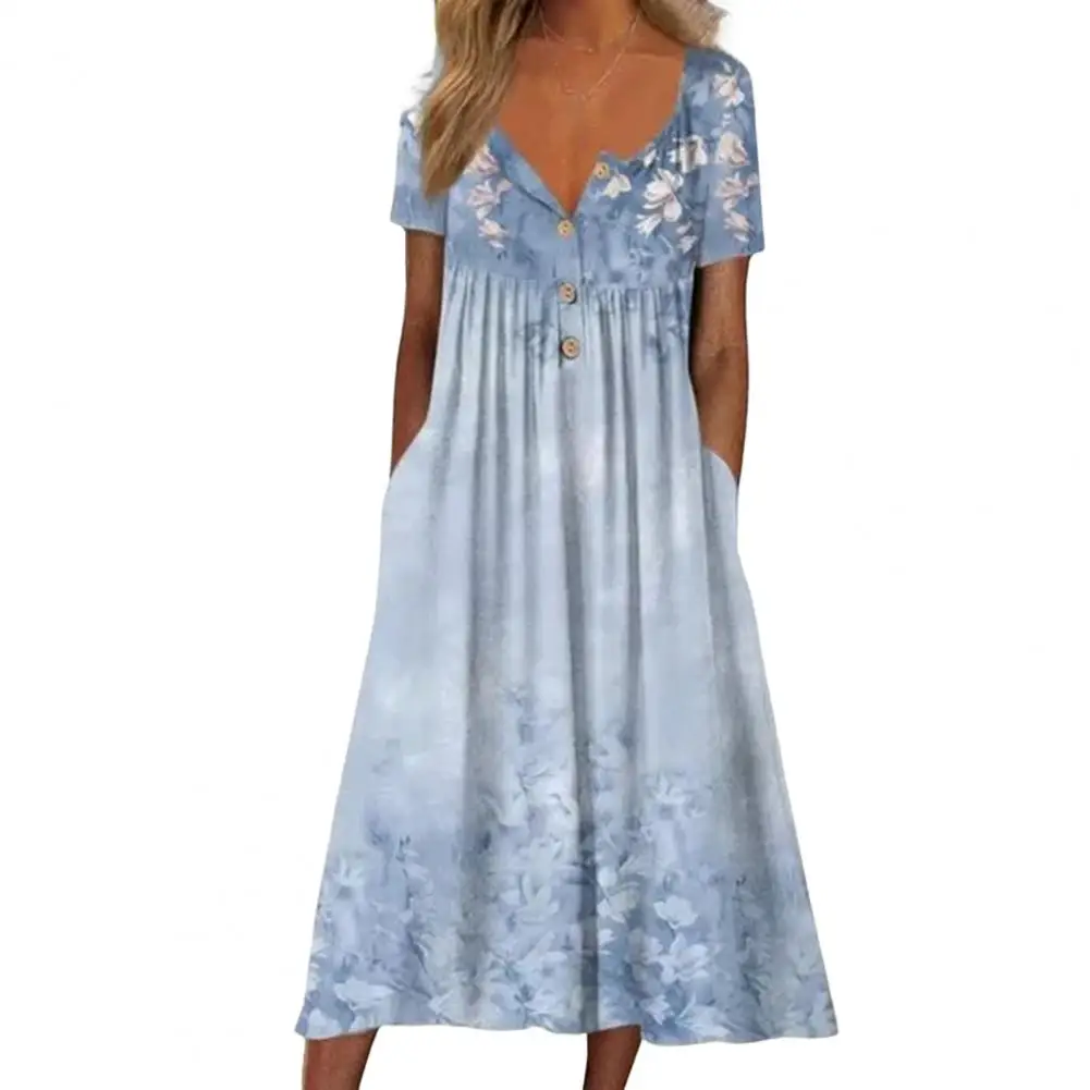 

Women Summer Dress Pleated Flower Print V Neck Low-cut Loose Hem Dress-up Short Sleeves Mid-calf Length Midi Dress Women Clothes