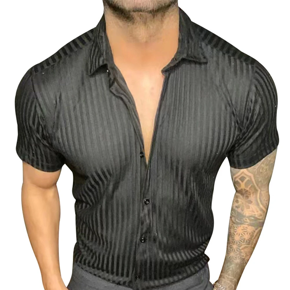 2023 Fashion Men Shirt Summer Short Sleeve Shirts Male Casual Slim Fit Striped Business Top Man Shirts Button Down Tops