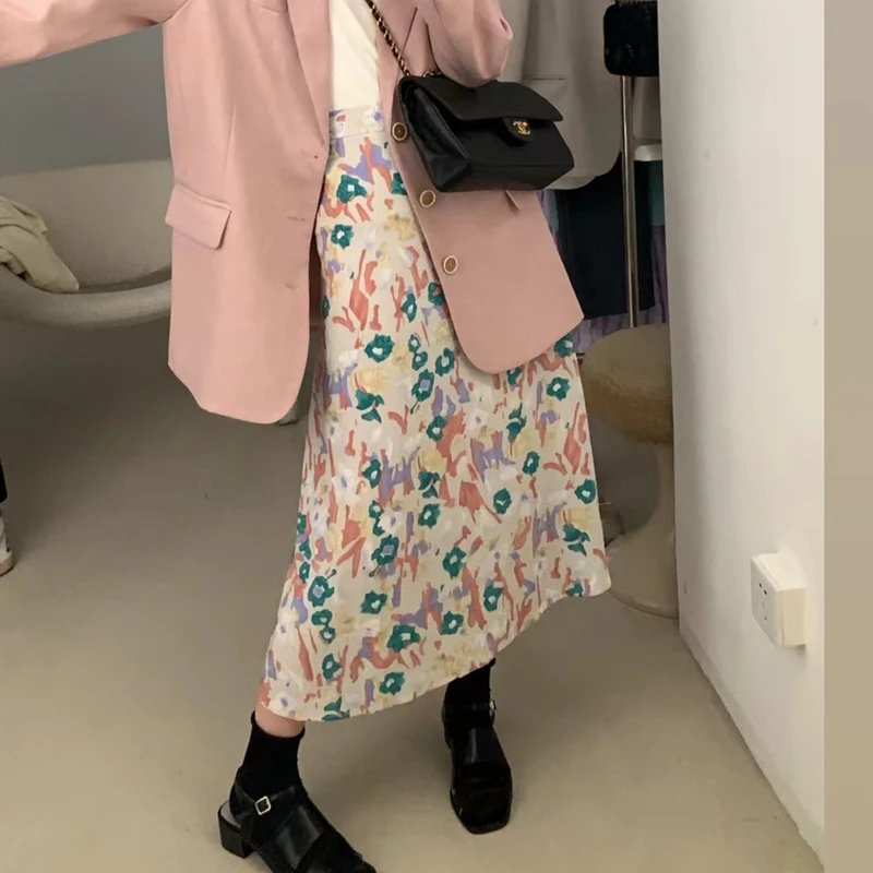

Summer Printed Skirt Women Slim High Elastic Waist Long Straight Skirt Vintage Loose Harajuku Female Skirts Elegant Faldas N409